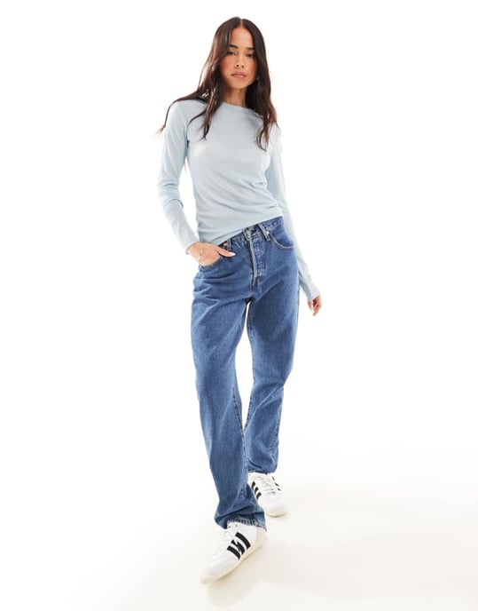 ASOS DESIGN torrhandtag ribbad långlinje crew neck topp i blå - Image 3