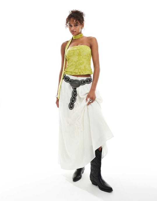 Miss Selfridge burnout-texturerad bandeau-scarf top i oliv - Image 2