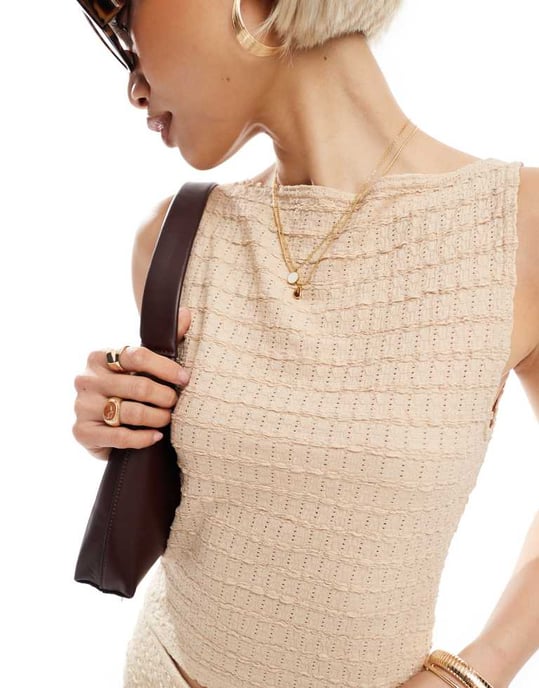 Miss Selfridge asymmetrisk volangtexturerad topp koord i crème - Image 2