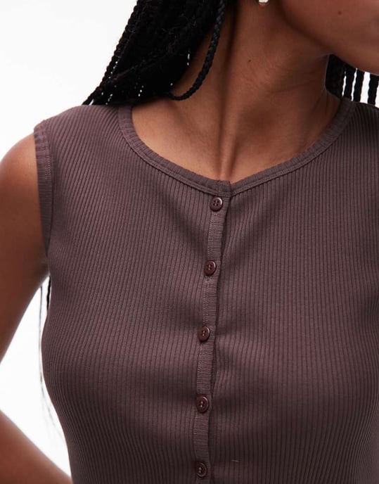 Topshop jersey knapplång tröja med rund hals i chokladbrun - Image 3
