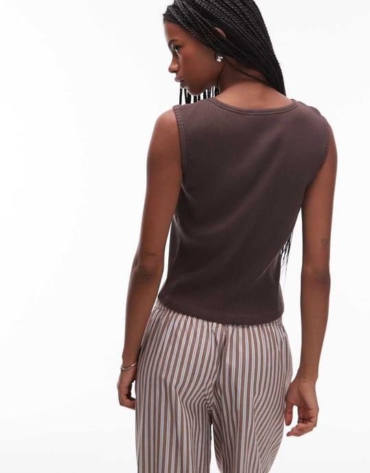 Topshop jersey knapplång tröja med rund hals i chokladbrun - Image 4