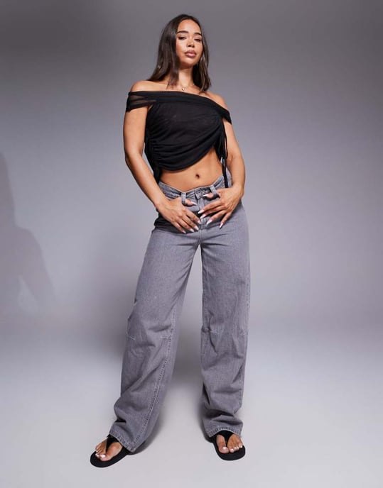ASOS DESIGN rynkad mesh bardot-top med knytdetalj i svart - Image 3