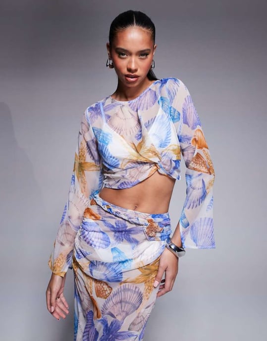 ASOS DESIGN långärmad chiffongkort topp i snäcktryck - Image 1
