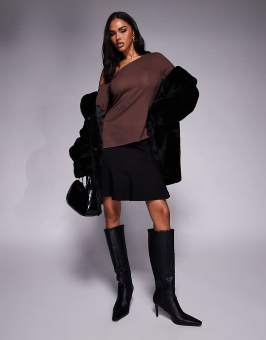 ASOS DESIGN avskuren axel genomskinlig stickad asymmetrisk topp i choklad - Image 2
