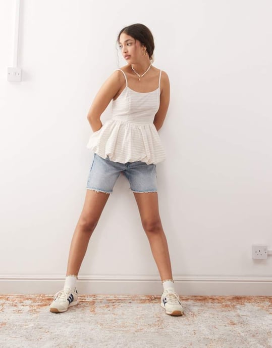 Miss Selfridge puff ball korsettop i beige randig - Image 2