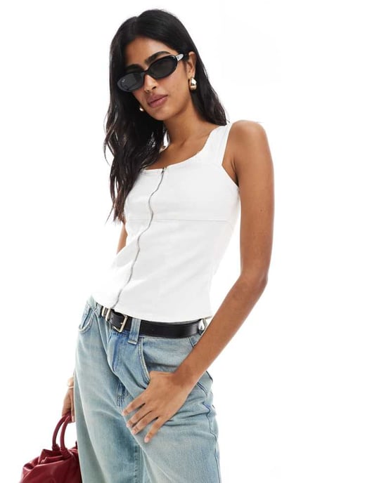 ASOS DESIGN denimdragkedja fyrkantig hals topp i ecru - Image 2