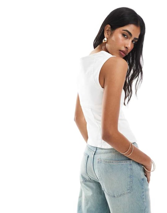 ASOS DESIGN denimdragkedja fyrkantig hals topp i ecru - Image 4