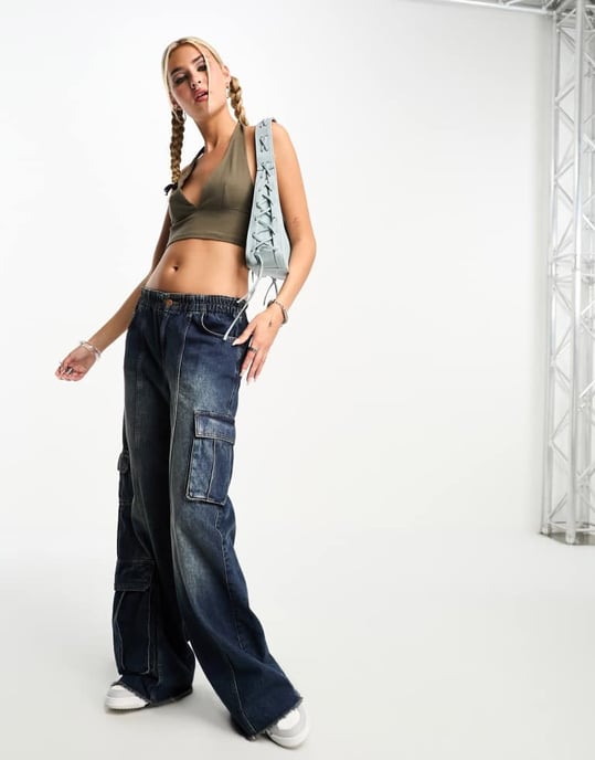 Noisy May v neck cropped halter neck top in khaki - Image 3