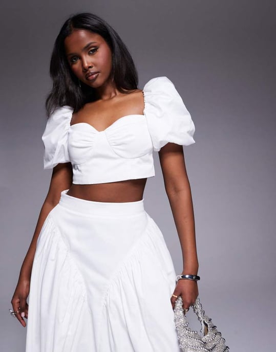 ASOS LUXE co-ord i bomullssatin med puffärmar i vitt - Image 2