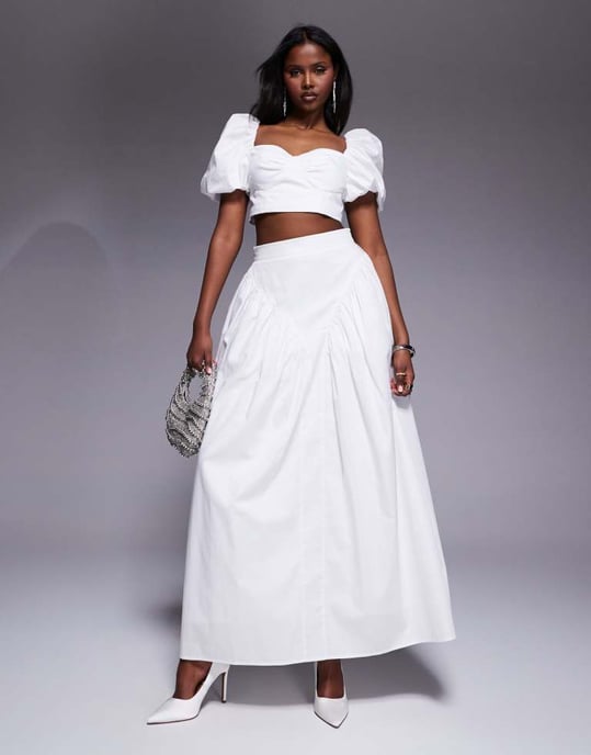 ASOS LUXE co-ord i bomullssatin med puffärmar i vitt - Image 3