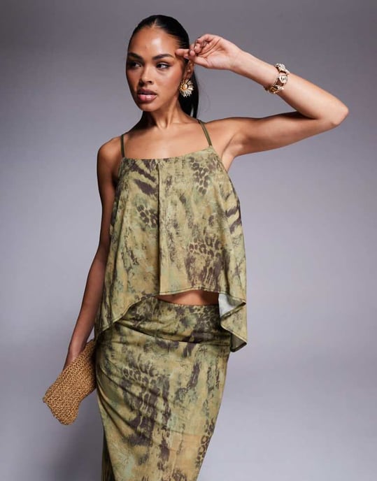 ASOS DESIGN koord mesh luftig knyt-rygg-topp i grön djurmönster - Image 1