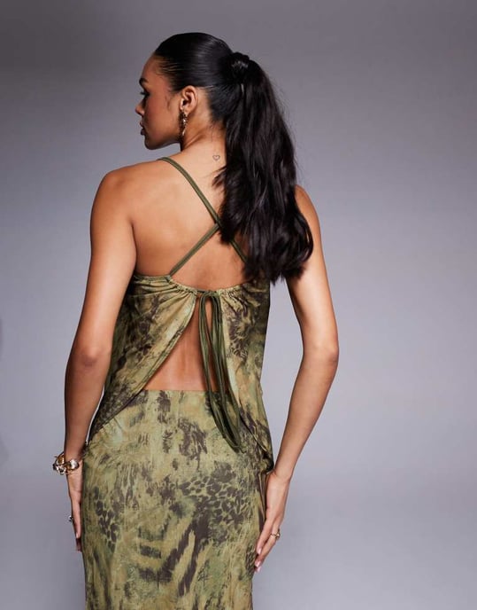 ASOS DESIGN koord mesh luftig knyt-rygg-topp i grön djurmönster - Image 3