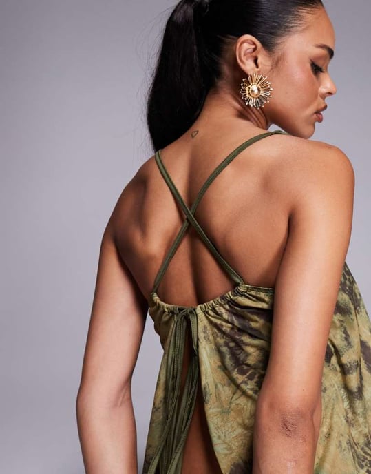 ASOS DESIGN koord mesh luftig knyt-rygg-topp i grön djurmönster - Image 4