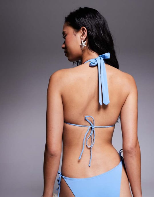 ASOS DESIGN Simone triangel-bikinitopp med flätad rem och pärlor i blått - Image 3