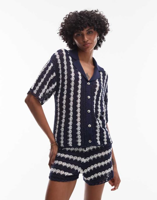 Topshop stickad randig koord skjorta i blått och elfenben - Image 1
