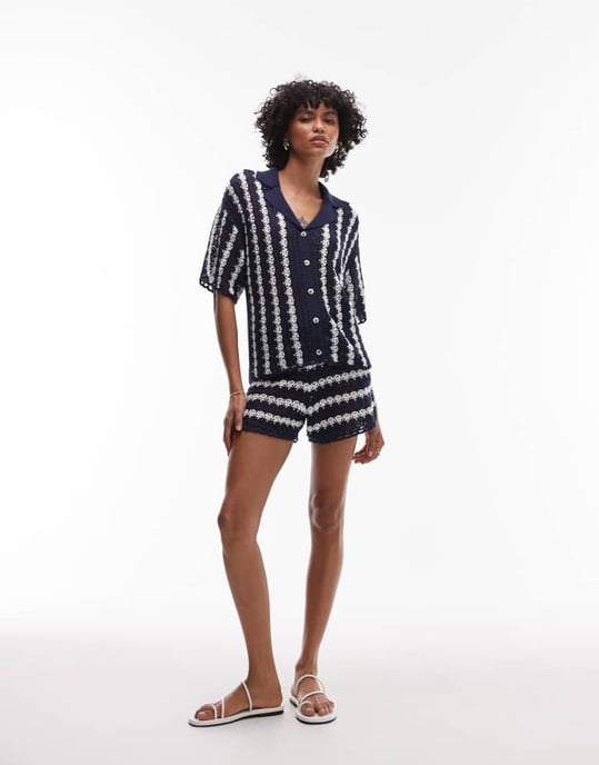 Topshop stickad randig koord skjorta i blått och elfenben - Image 4