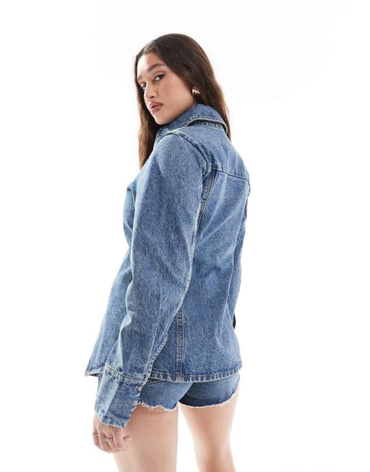 ASOS DESIGN denimskjorta med dragsko i vintage tvätt - Image 4