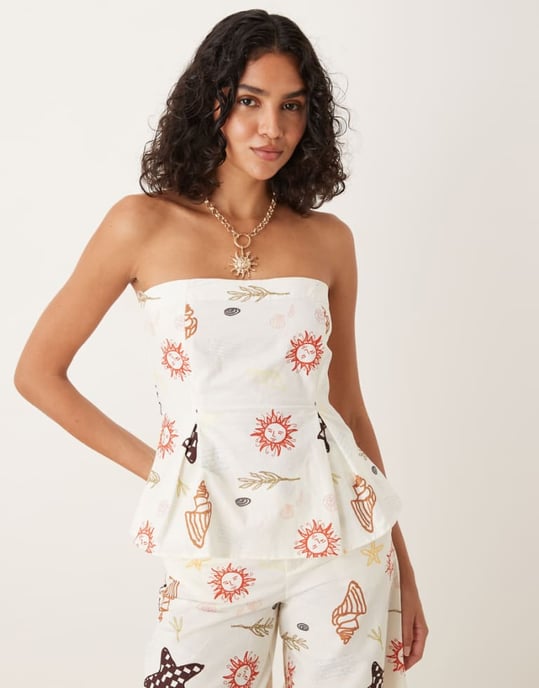 ASOS DESIGN linneblandning cinch midja bandeau topp i semestertryck co ord - Image 1