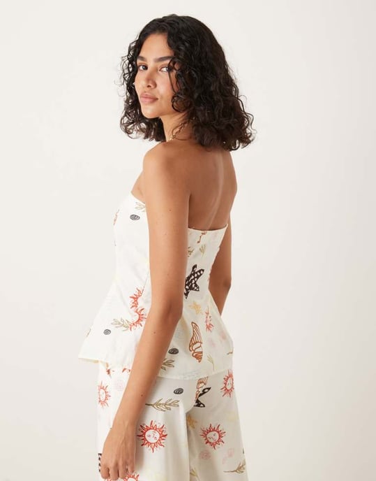 ASOS DESIGN linneblandning cinch midja bandeau topp i semestertryck co ord - Image 3