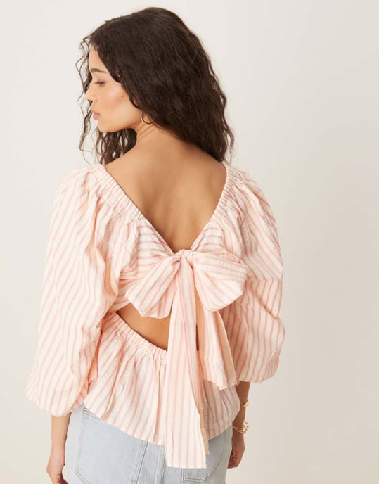 YAS knytband puffärm peplum topp med rand i rosa och krämfärgad - Image 2
