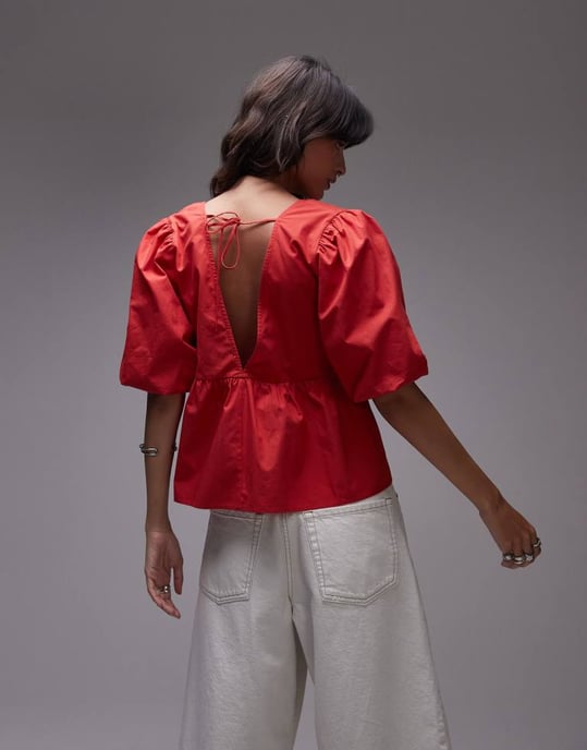 Topshop poplin puffärmstopp i röd - Image 2