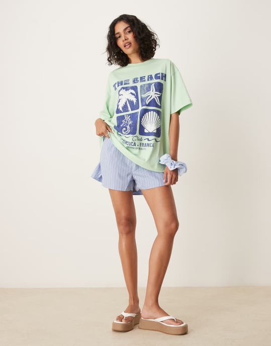 ASOS DESIGN oversized t-shirt med strandgrafik i salviagrön - Image 2