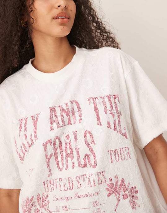 ASOS DESIGN oversized t-shirt med bandgrafik och spetsöverlägg i vitt - Image 2