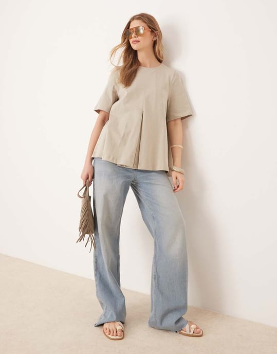 ASOS DESIGN veckad fram trapez t-shirt i ljus khaki - Image 3