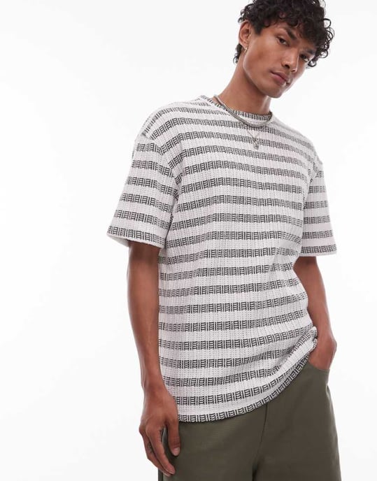 Topman avslappnad passform t-shirt med texturerad rand i khaki - Image 1