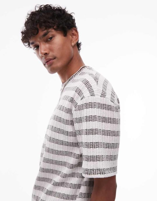 Topman avslappnad passform t-shirt med texturerad rand i khaki - Image 3
