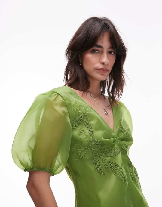 Topshop broderad organza puffärmad topp i grön - Image 1