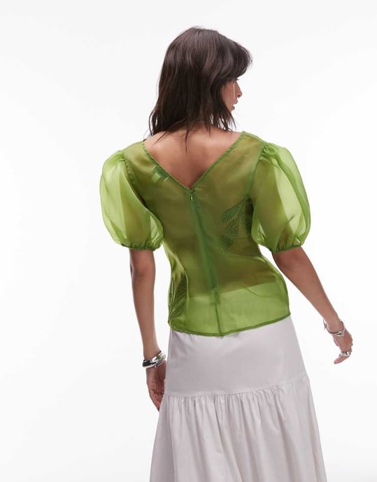 Topshop broderad organza puffärmad topp i grön - Image 2