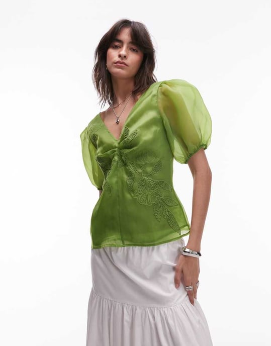 Topshop broderad organza puffärmad topp i grön - Image 3