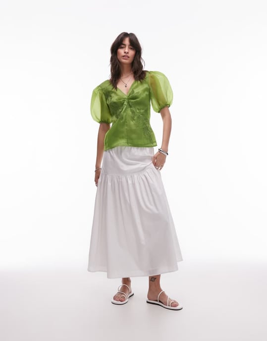 Topshop broderad organza puffärmad topp i grön - Image 4