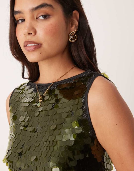 ASOS DESIGN stor paljettplagg i skogsgrön - Image 3