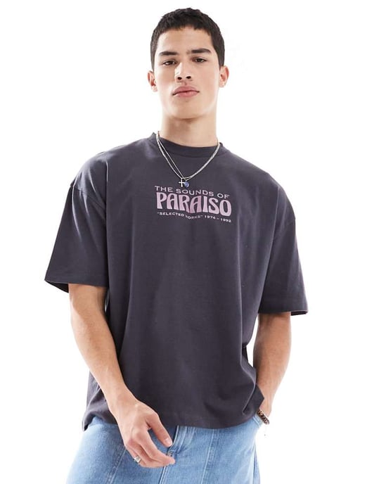 ASOS DESIGN oversized t-shirt med palmträdsgrafik i kolgrå - Image 3