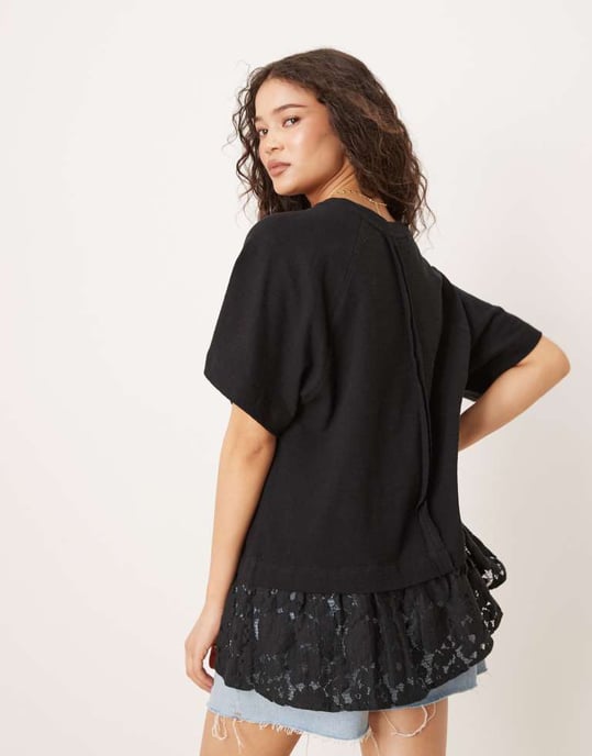 ASOS DESIGN oversized raglan t-shirt med spetsdetalj i svart - Image 2