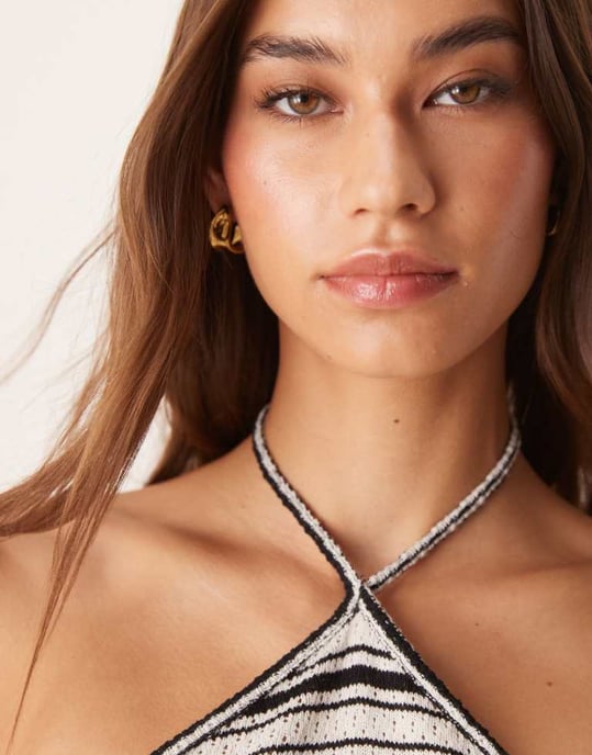 ASOS DESIGN randig halterneck toppen i brun och krämfärg - Image 3
