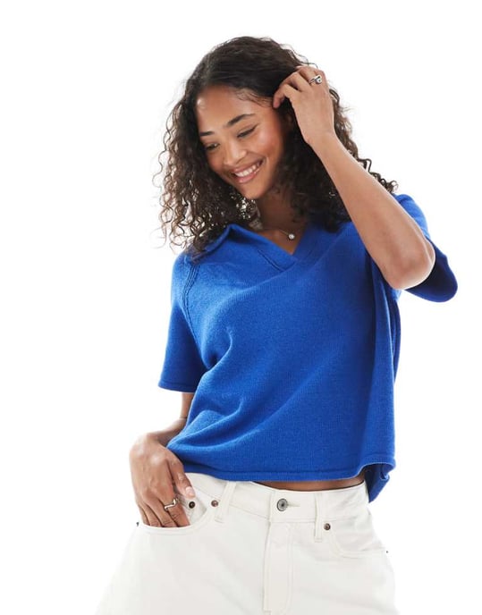 ASOS DESIGN raglanstickad polotröja i blått - Image 1