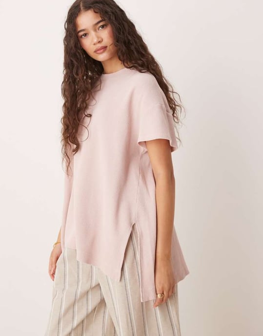 ASOS DESIGN oversized våffel t-shirt med extrem nederkant i tvättad rosa - Image 2