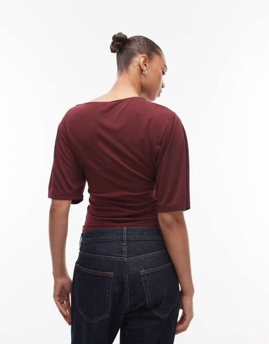 Topshop knytning sida kortärmad jersey-topp i bordeaux - Image 2