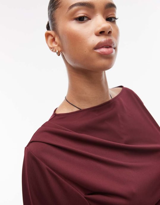 Topshop knytning sida kortärmad jersey-topp i bordeaux - Image 3
