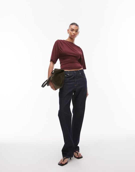 Topshop knytning sida kortärmad jersey-topp i bordeaux - Image 4