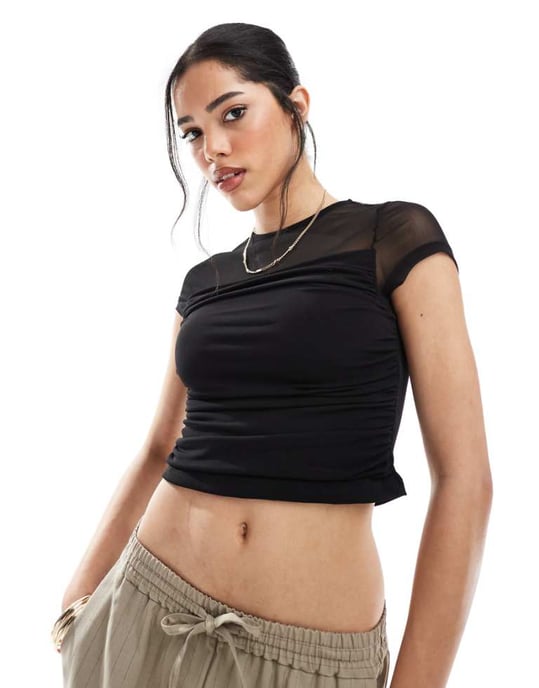ASOS DESIGN mesh draperad front kortärmad topp i svart - Image 1