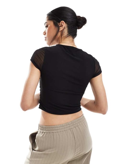 ASOS DESIGN mesh draperad front kortärmad topp i svart - Image 2