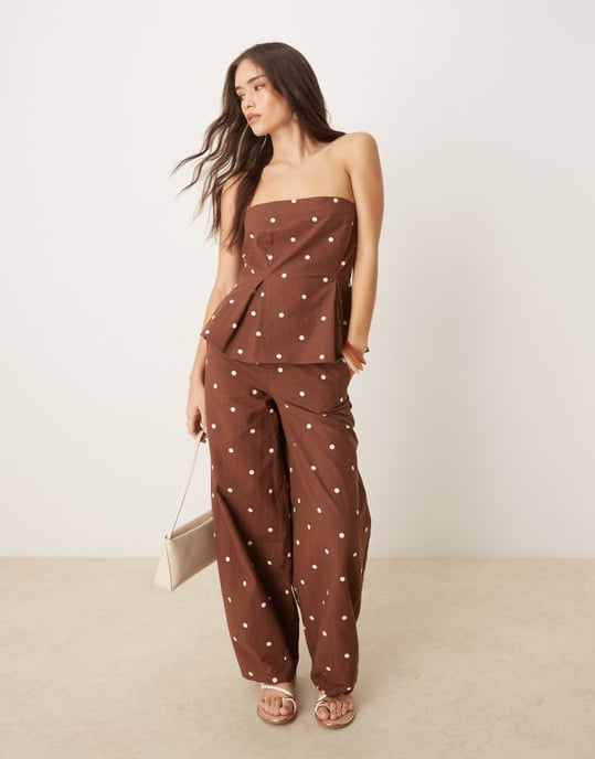ASOS DESIGN linneblandning cinch midja bandeau topp i polka prickar co ord - Image 3