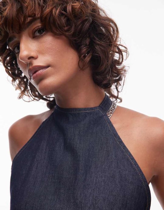 Topshop denim halterneck topp i tvättad finish - Image 2