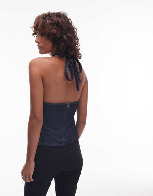 Topshop denim halterneck topp i tvättad finish - Image 4