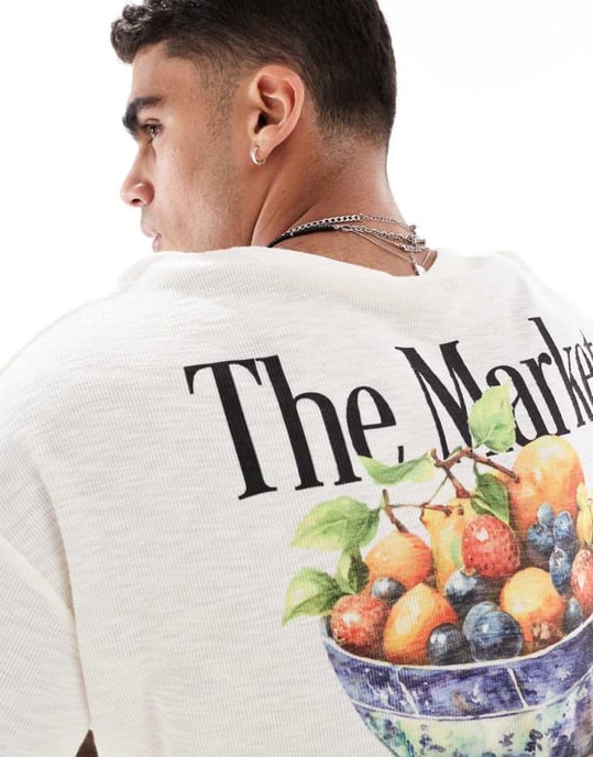 ASOS DESIGN tung oversized t-shirt med fruktgrafik på baksidan i strukturerad tyg i off-white - Image 4