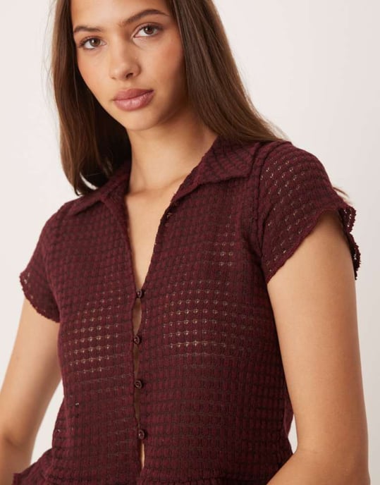 ASOS DESIGN co-ord virkad knapplång topp med volangärmar och nederkant i bär färg - Image 2